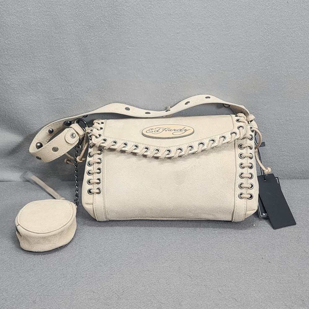 Ed Hardy Shoulder Bag Tan Faux Suede Lace Up Studded Y2K Women OS EHH392R1B NWT